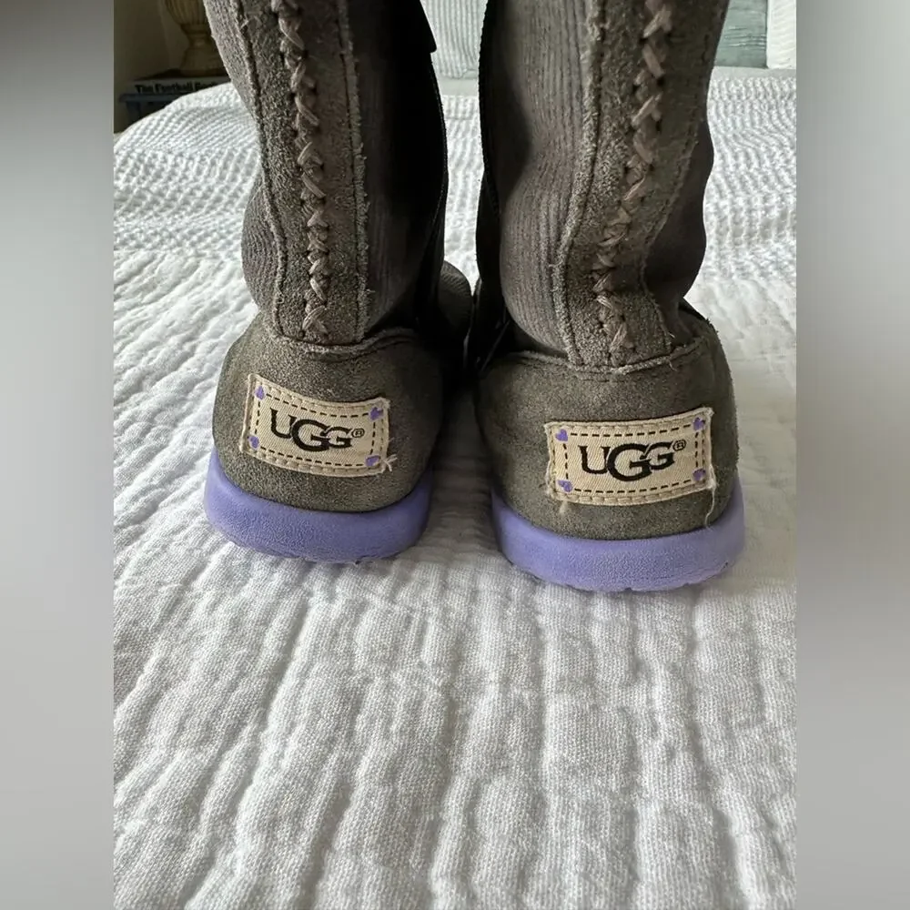 UGG Heart Amber stripe Shearling Gray Purple Sole Youth Size 4 Girls Winter Boot